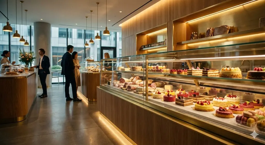 세련된 인테리어의 디저트 카페에 배치된 프리미엄 냉장쇼케이스 전경 사진.