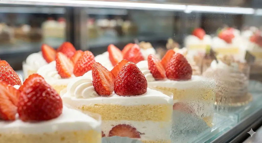 냉장쇼케이스 내부의 신선한 딸기 케이크 디스플레이 사진.