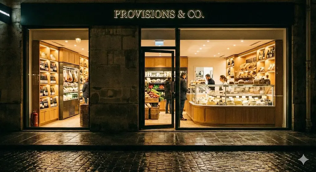 쇼케이스 조명으로 인해 밤에도 돋보이는 프리미엄 매장 외관 사진.