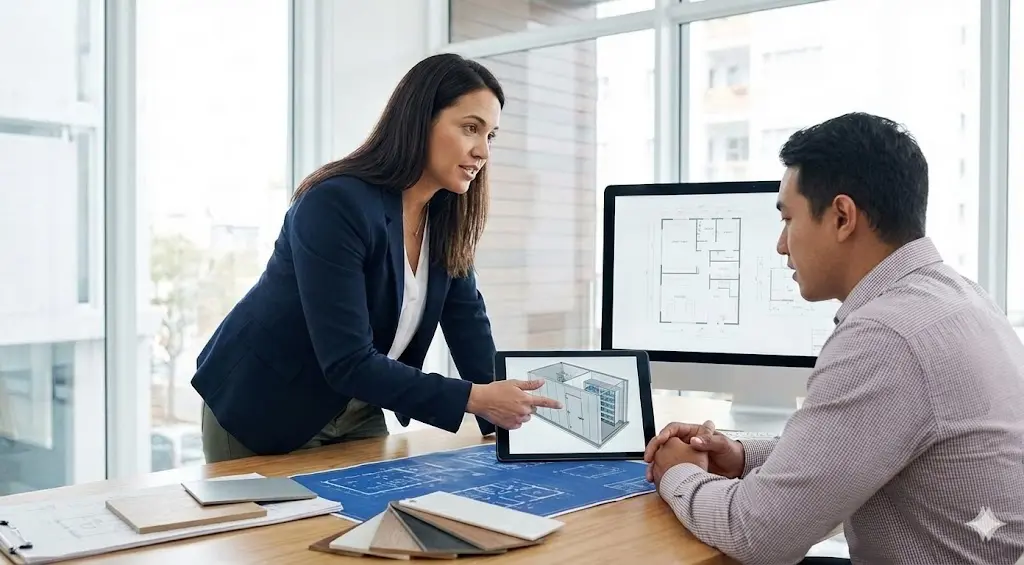 매장 맞춤형 쇼케이스 제작을 위해 전문가와 상담하는 장면.