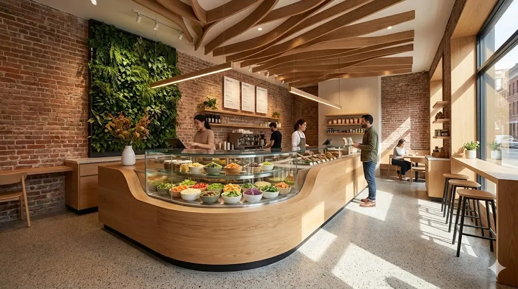 매장 동선에 맞춰 제작된 비스포크 샐러드 쇼케이스.