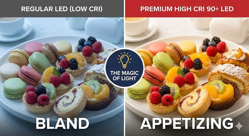 조명 연색성에 따른 디저트 비주얼 변화 비교 그래픽.