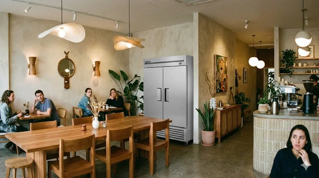 이 세련된 공간과 극명한 대조를 이루는 투박하고 일반적인 대량 생산형 스테인리스 상업용 냉장고(1200mm 규격처럼 보이는)를 배치합니다.