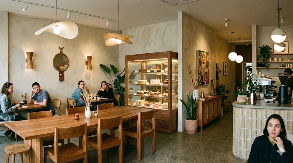 세련된 공간과 극명한 대조를 이루는 투박하고 일반적인 대량 생산형 스테인리스 상업용 냉장고(1200mm 규격처럼 보이는)를 배치합니다.