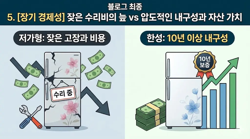 잦은 고장과 수리비로 경제적 손실을 보는 저가형 냉장고와 10년 이상 안정적인 수익을 보장하는 한성쇼케이스의 경제성 비교 이미지