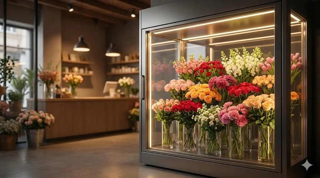 프리미엄 꽃냉장고에 진열된 싱싱하고 다채로운 꽃들