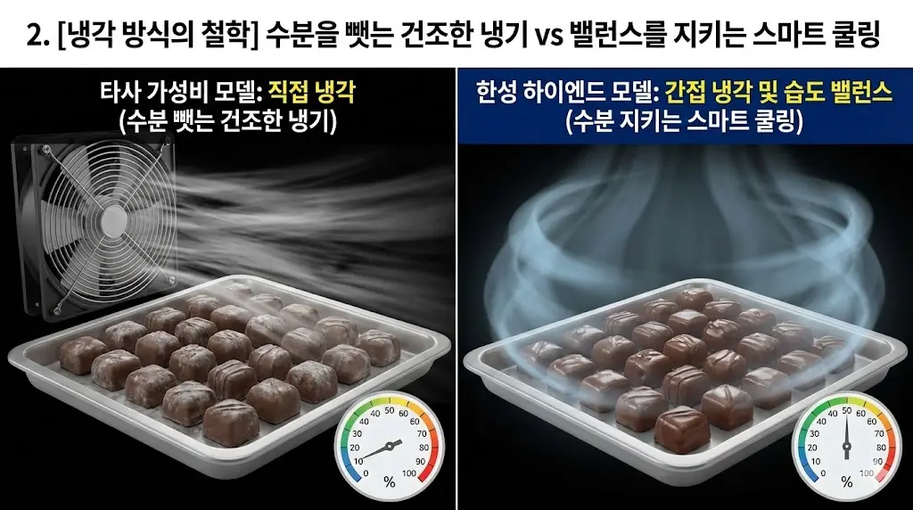 디저트냉장고의 직접 냉각 방식으로 블룸 현상이 발생한 초콜릿과 한성 하이엔드 모델의 간접 냉각 및 습도 밸런스 기술로 광택이 살아있는 초콜릿 비교