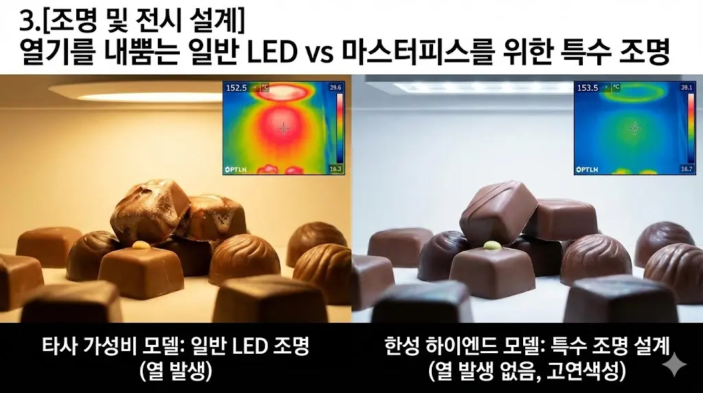 일반 쇼케이스조명의 열기로 녹아내린 초콜릿과 발열 없는 한성 특수 매입쇼케이스조명 아래 완벽하게 보존된 초콜릿의 열화상 비교