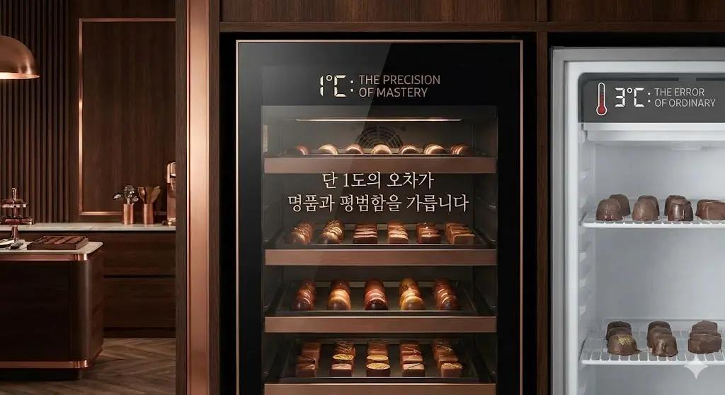 1℃의 오차도 허용하지 않는 프리미엄 초콜릿 냉장고와 일반 냉장고의 초콜릿 보관 상태를 비교하는 이미지