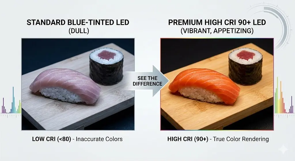 조명 연색성에 따른 스시 식재료의 색감 차이 비교.