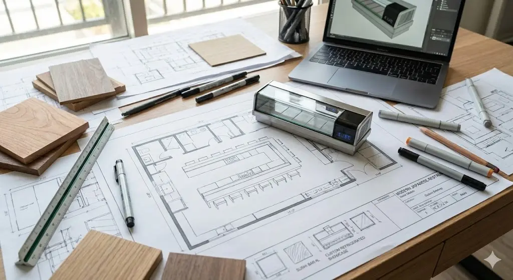 매장 동선에 맞춰 제작된 맞춤형 스시 쇼케이스 기획 이미지.