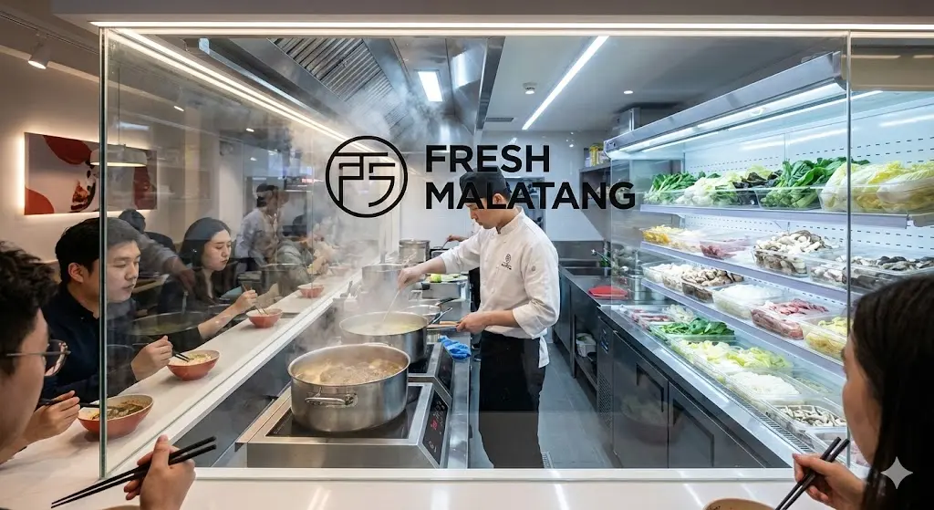 현대적인 마라탕 매장의 오픈형 주방을 바라보는 역동적인 샷입니다