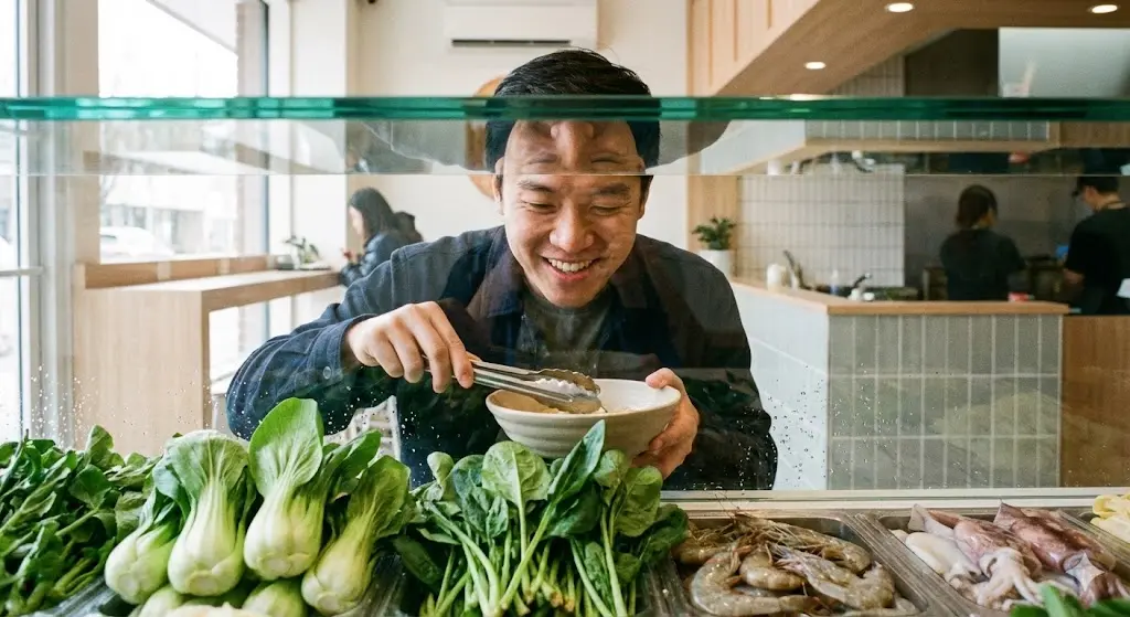 마라탕 재료 바의 아주 깨끗한 유리 진열대를 통해 재료를 바라보며 미소 짓는 손님의 클로즈업 사진입니다.