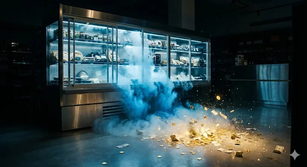 에너지 효율이 낮은 장비에서 돈이 새어 나가는 모습을 직관적으로 보여줍니다.