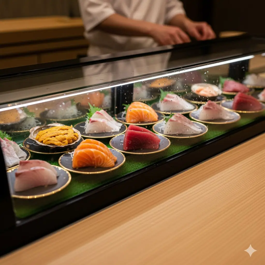 고급 일식 오마카세 카운터에 매립된 슬림한 한성 생선 쇼케이스와 정갈하게 진열된 우니, 연어, 참치 네타.