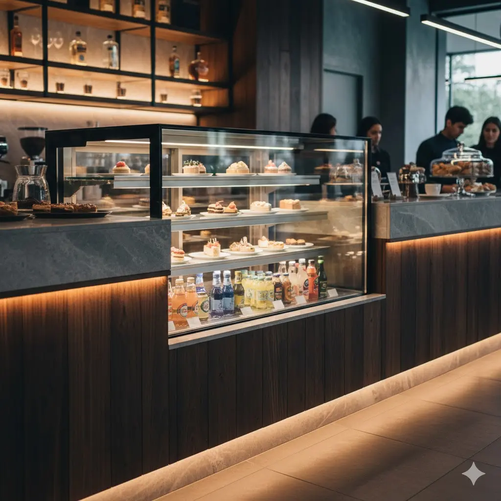 카페 인테리어와 완벽하게 조화를 이루는 빌트인 쇼케이스.