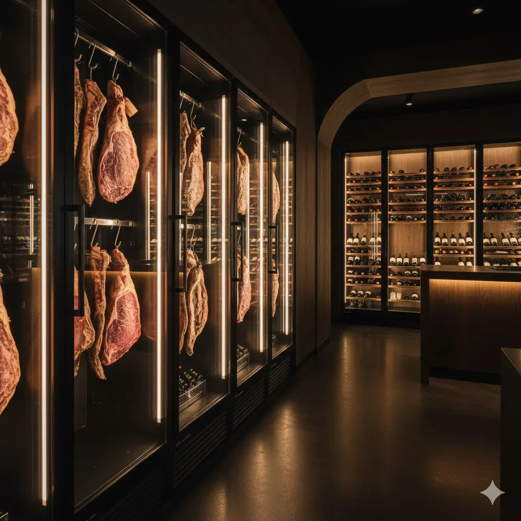 급 와인 셀러나 정육점에 배치된 타워형 하이엔드 냉장고.