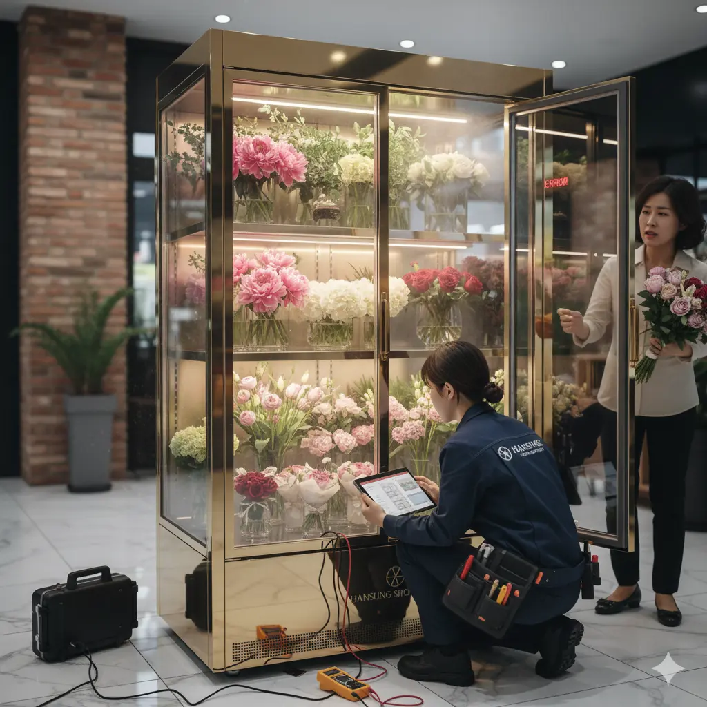 한성의 꽃냉장고 전문 엔지니어가 즉각 출동한 모습