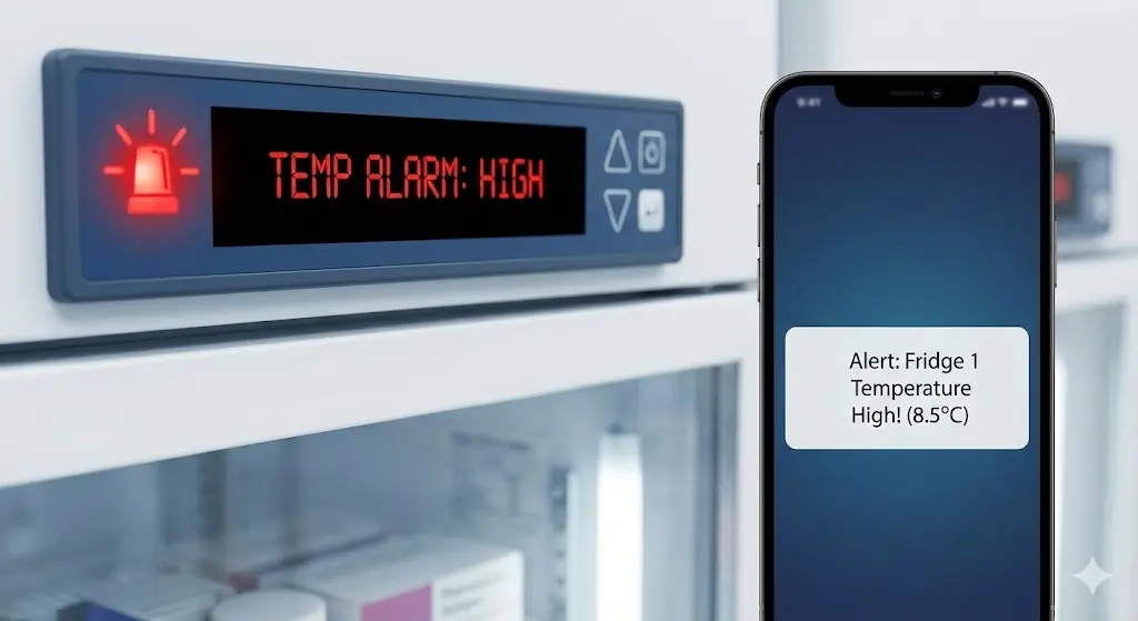 의약품냉장고 온도 이탈 시 기기 알람 및 스마트폰 실시간 알림