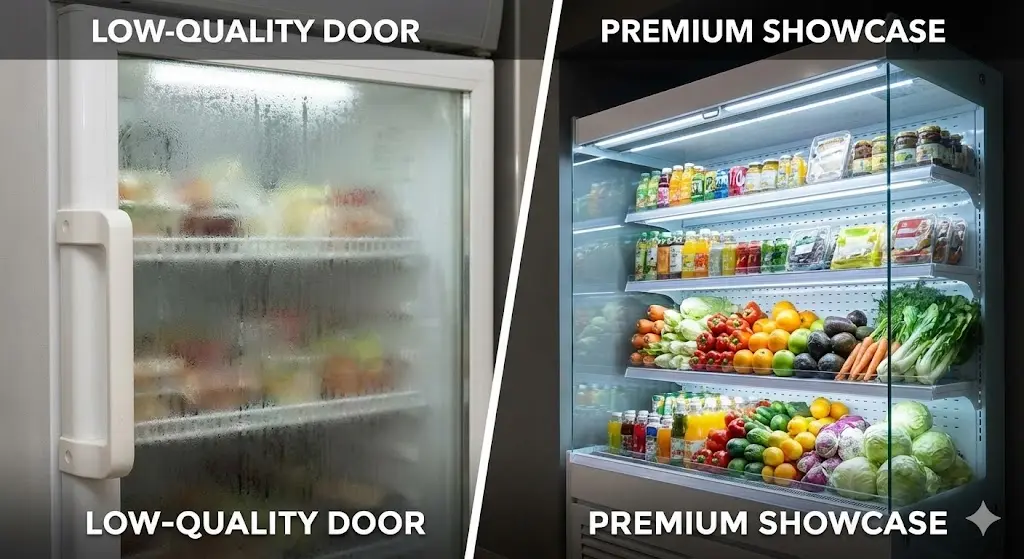 일반 유리 도어와 프리미엄 무결로 유리 도어의 시인성 비교.