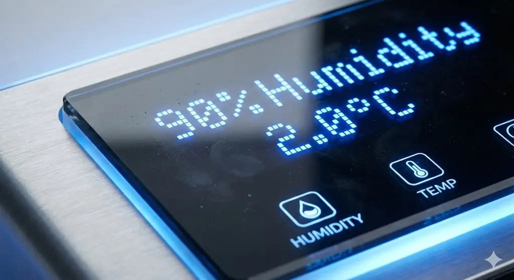 온도와 습도를 정밀하게 제어하는 쇼케이스 디지털 패널 상세 샷.