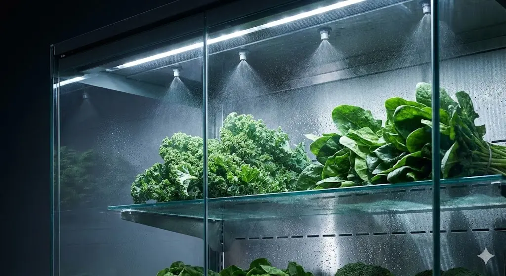 정밀 습도 조절 기능이 있는 하이엔드 야채 쇼케이스 내부 사진.