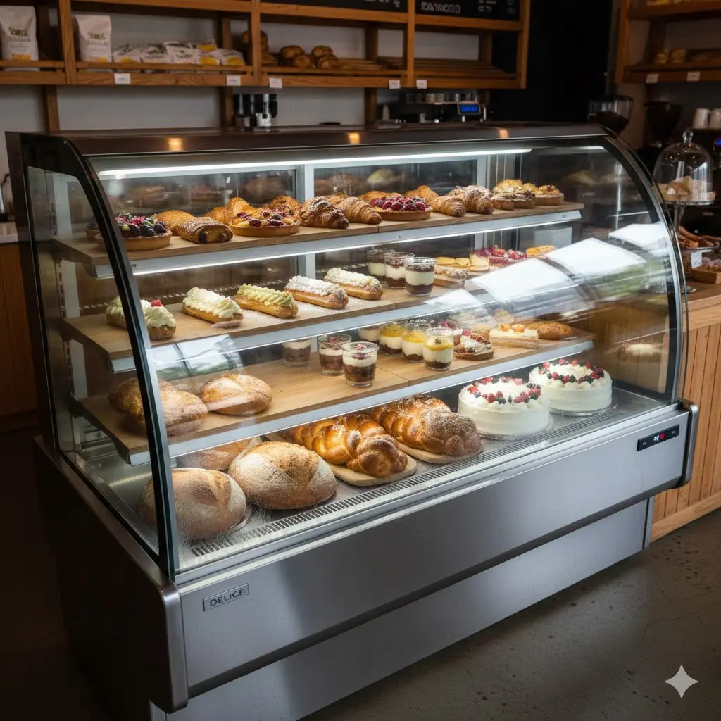 베이커리 매대 브랜드 비교용 냉장 쇼케이스 사진, 결로 방지 유리로 케이크·크림 디저트가 선명하게 보이는 진열