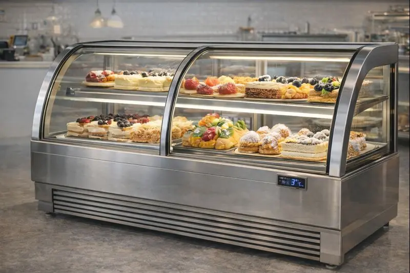 화이트/우드톤 인테리어처럼 ‘톤 맞춤’이 강조된 베이커리 매대 쇼케이스