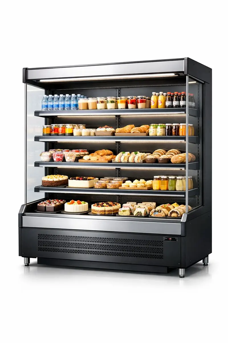 오픈 쇼케이스 선반별 진열 구성(케이크·샌드위치·음료)과 온도 안정성을 강조한 제품 진열 사진