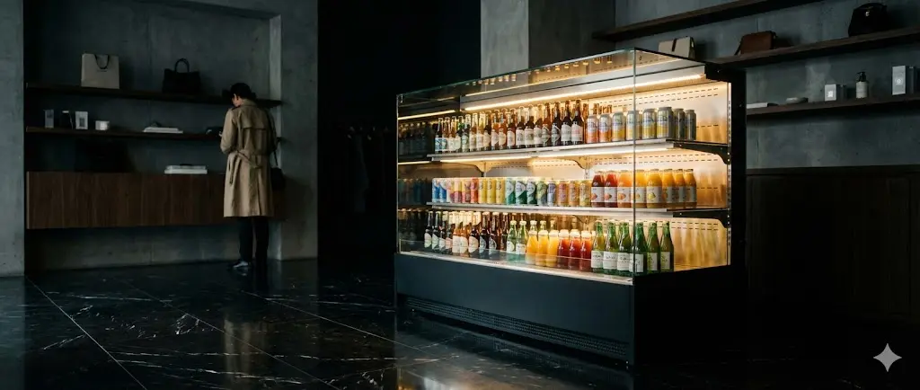 고급스러운 매장 내부에 설치된 테두리 없는 프리미엄 진열 냉장고 전경.