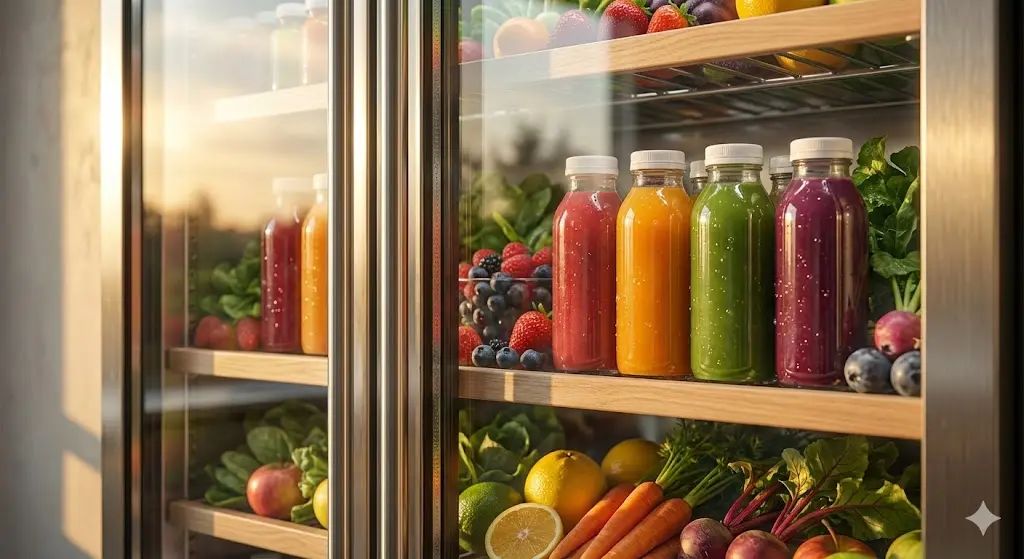 습기 없이 투명한 냉장고 유리 너머로 보이는 선명한 음료 제품들.