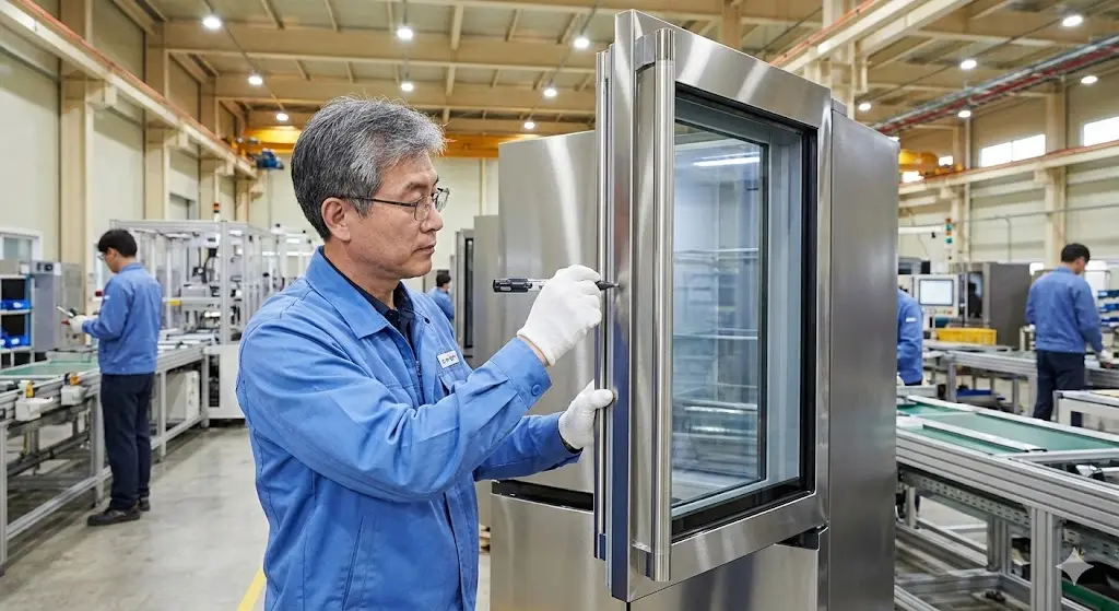 숙련된 한국 기술자가 프리미엄 쇼케이스를 정밀 조립하는 모습.