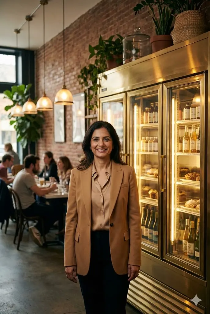 맞춤형 프리미엄 냉장고 앞에 서 있는 세련된 매장 대표의 이미지.