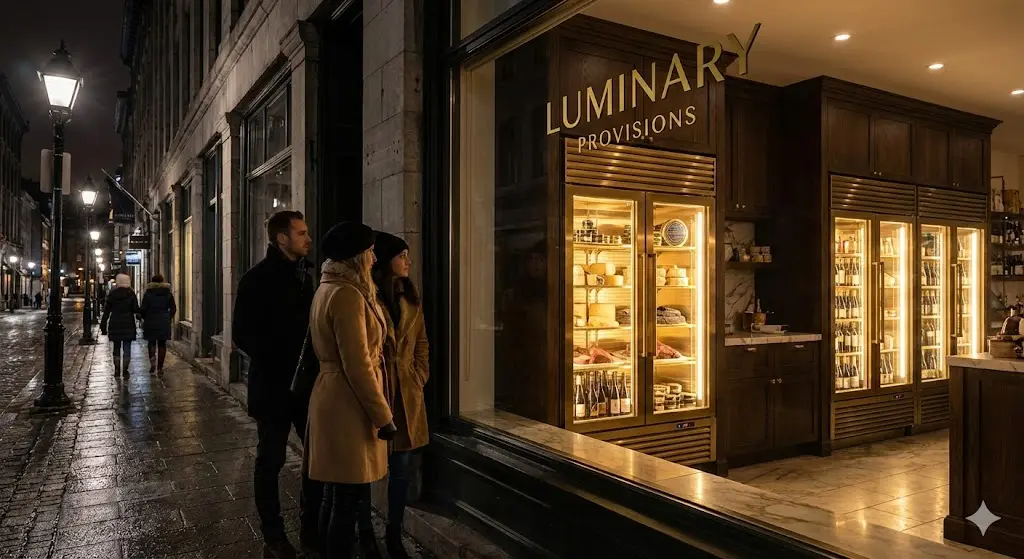 밤에 화려한 조명으로 매장 외부에서도 돋보이는 영업용 쇼케이스 전경.