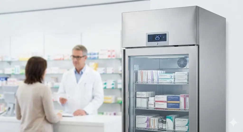 약국 내 설치된 전문 약국냉장고 한성쇼케이스 제품 실물