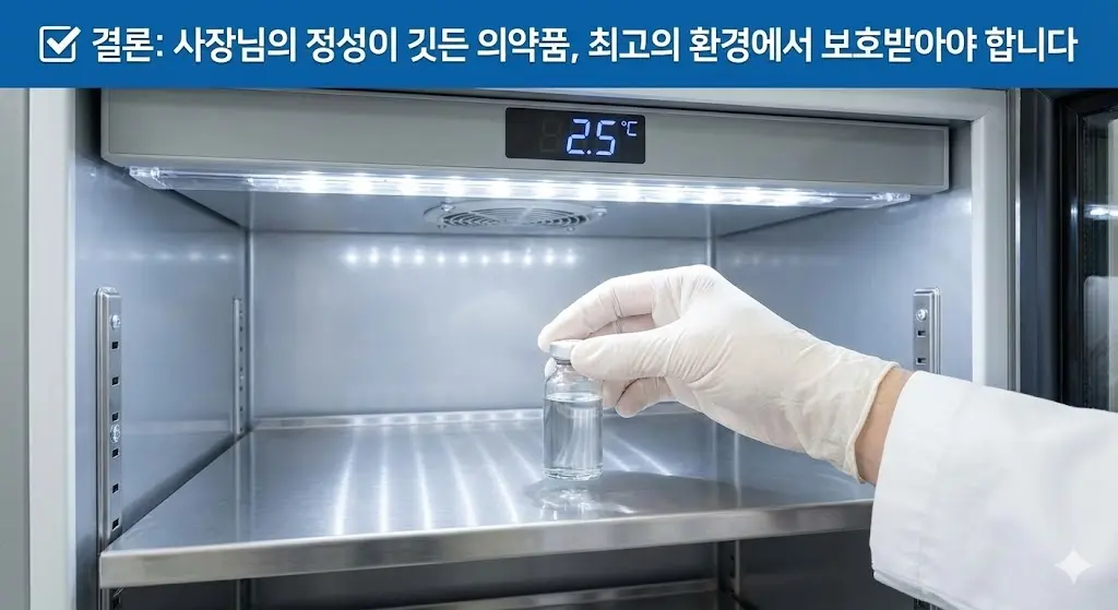 전문적인 환경에서 의약품을 다루는 모습을 통해 신뢰성을 강조하고, 정밀한 온도 유지가 가능한 고품질 의약품냉장고의 이미지를 보여줍니다