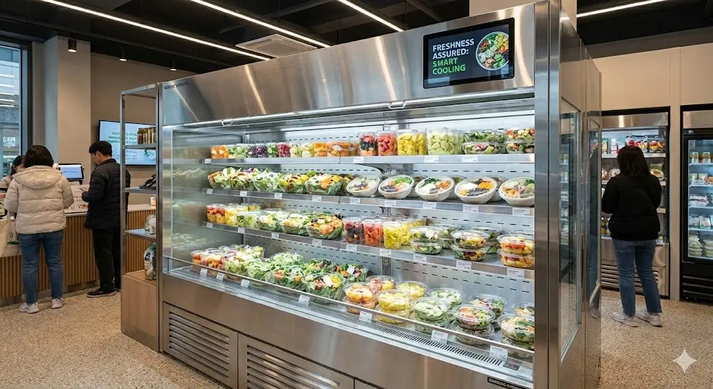 무인 매장에 설치된 신선한 채소가 가득한 고성능 샐러드바냉장고 한성쇼케이스 실물