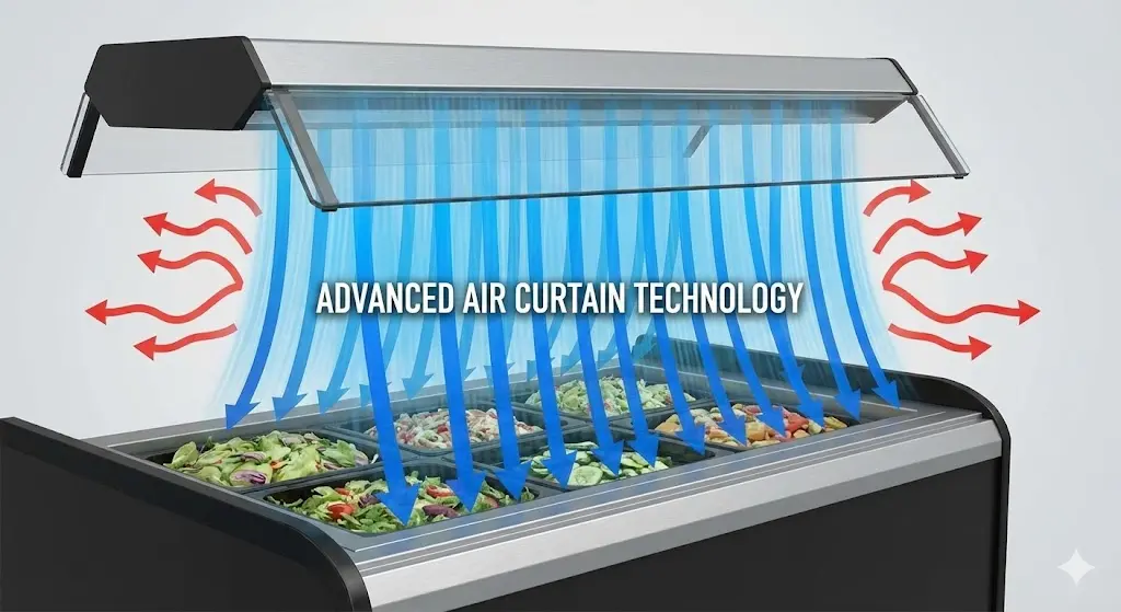 무인 매장에 설치된 신선한 채소가 가득한 고성능 샐러드바냉장고 한성쇼케이스 실물
