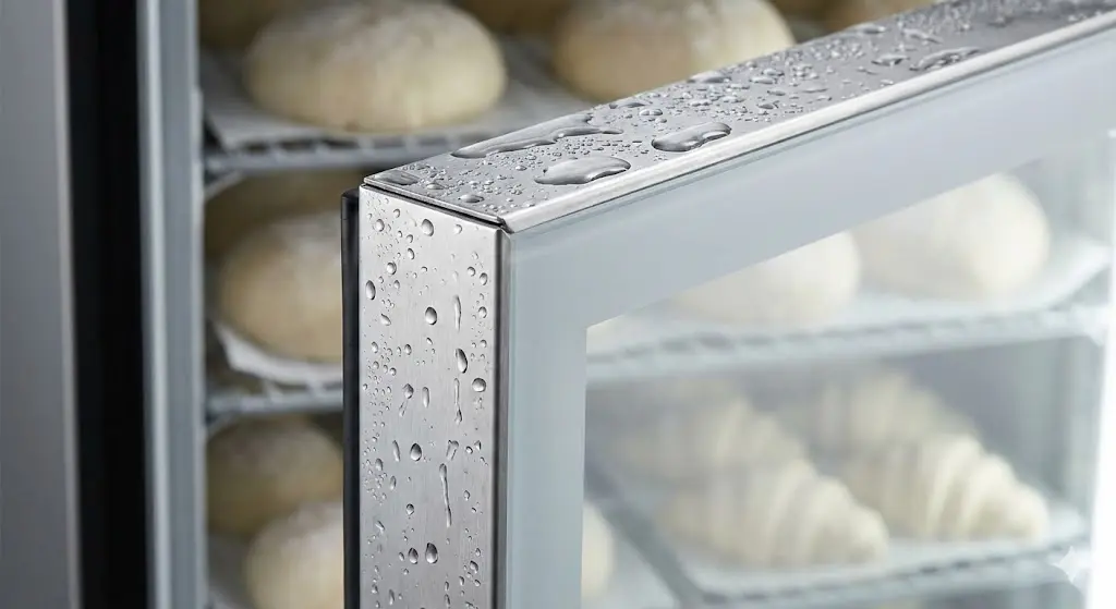 김 서림 없이 깨끗한 유리 도어 너머로 보이는 냉동 생지 이미지.