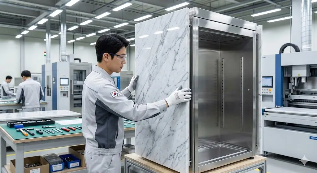 숙련된 기술자가 맞춤형 대리석 마감을 냉장고에 입히는 수제작 현장.