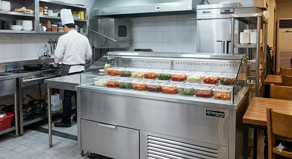 식당 주방에 설치된 고성능 업소용반찬냉장고 한성쇼케이스 실물 사진