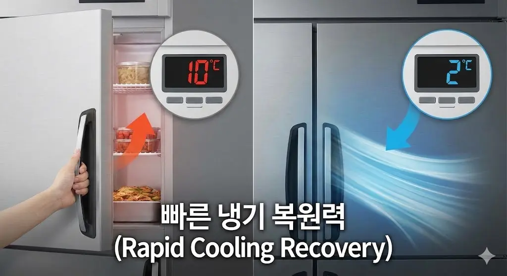 빈번한 개폐에도 빠르게 온도를 회복하는 업소용반찬냉장고 냉각 성능  3. 비교 2 이미지 (단열 및 에너지 효율)