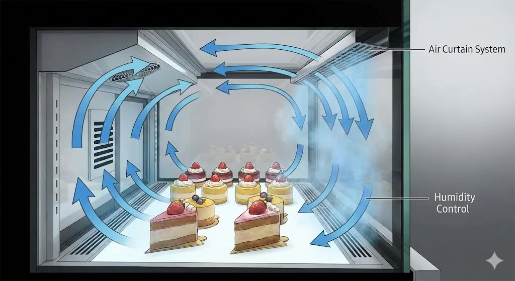 내부 공기를 순환시켜 결로를 방지하는 디저트냉장고 에어 커튼 기술