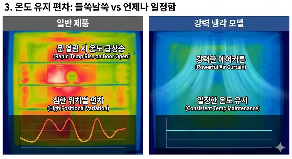 열화상 이미지와 그래프를 통해 일반 제품의 불안정한 온도 변화와 강력 냉각 모델의 안정적인 온도 유지를 대조