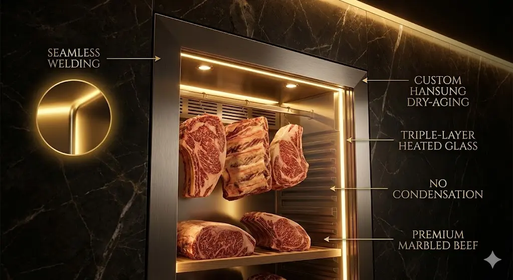 럭셔리한 매장 인테리어와 완전히 하나가 된 비스포크 냉장고. 유리창에는 단 한 방울의 습기도 없이 선명한 원육의 텍스처가 드러나는 모습.