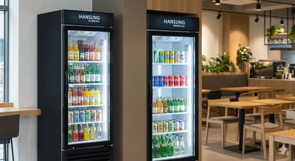 매장에 설치된 세련된 디자인의 고성능 업소용음료수냉장고 한성쇼케이스 실물