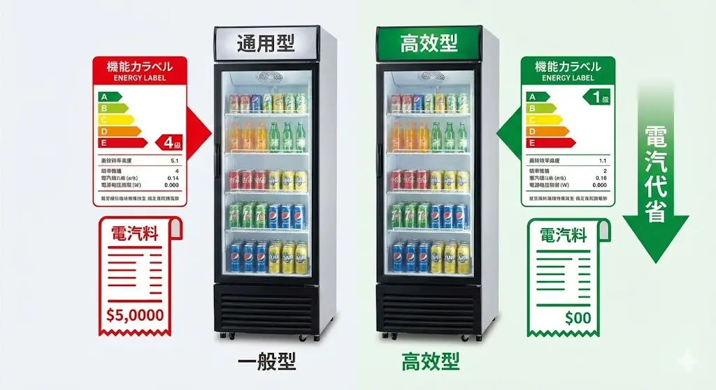 일반 모델 대비 전력 소비량이 적은 고효율 업소용음료수냉장고 에너지 효율 비교
