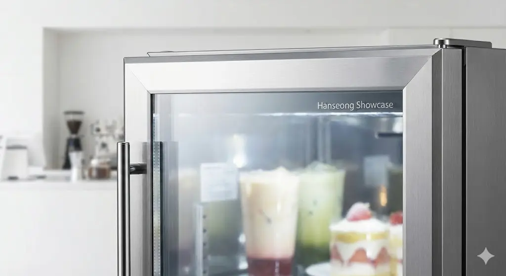 슬림한 프레임과 고급스러운 마감이 돋보이는 카페냉장고 디자인 디테일