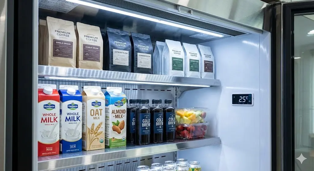정밀한 온도로 신선한 원두와 우유를 보관 중인 카페냉장고 내부