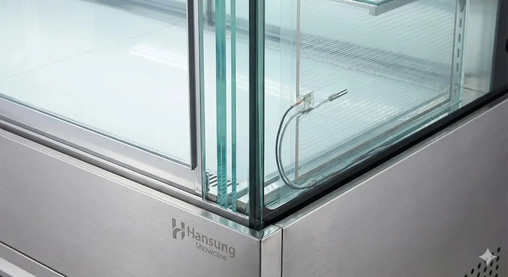 한성쇼케이스의 3중 페어 유리 구조와 열선이 적용된 디테일 사진